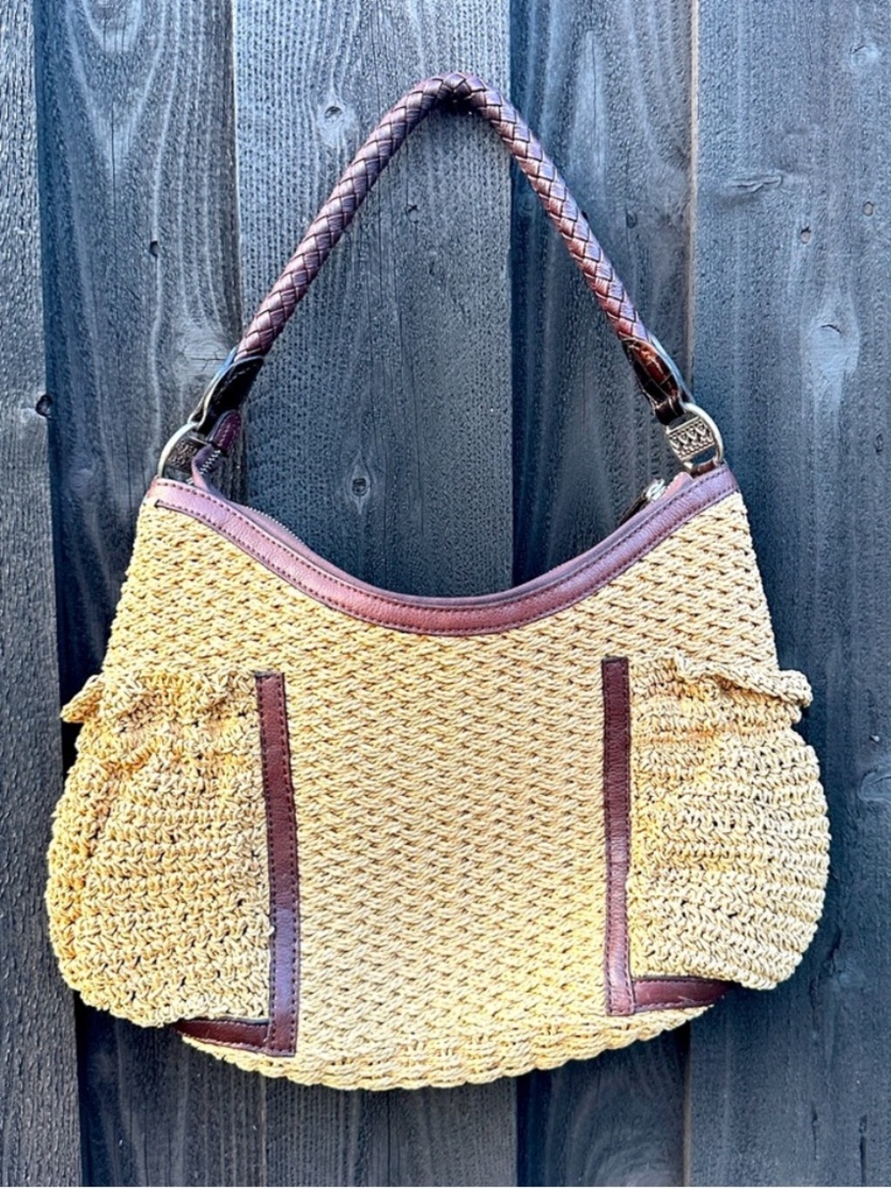 Brighton Woven Straw Handbag Shoulder purse brown leather trim size large - Picture 3 of 13